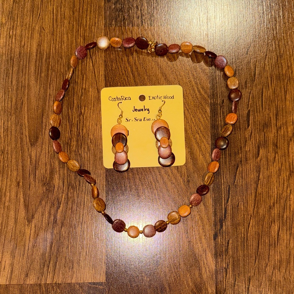 Costa Rica Exotic Wood Brown Bead Necklace and Earrings Set